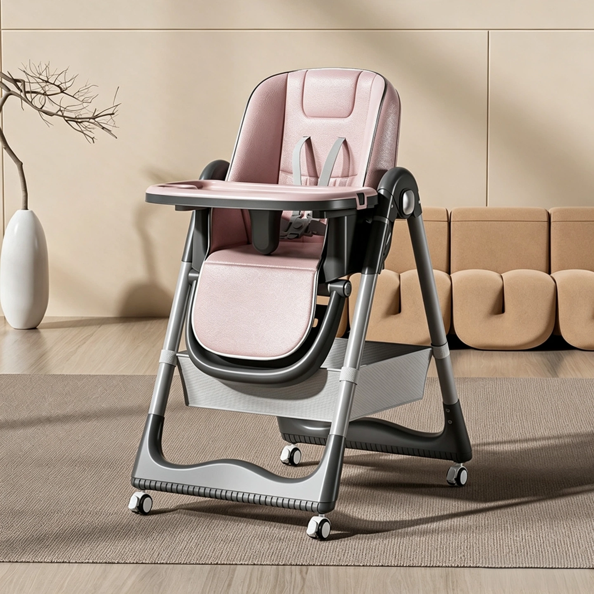 Baby High Chair, Foldable Adjustable Toddler Dining Chair, Portable Infant Feeding Seat for Home Use