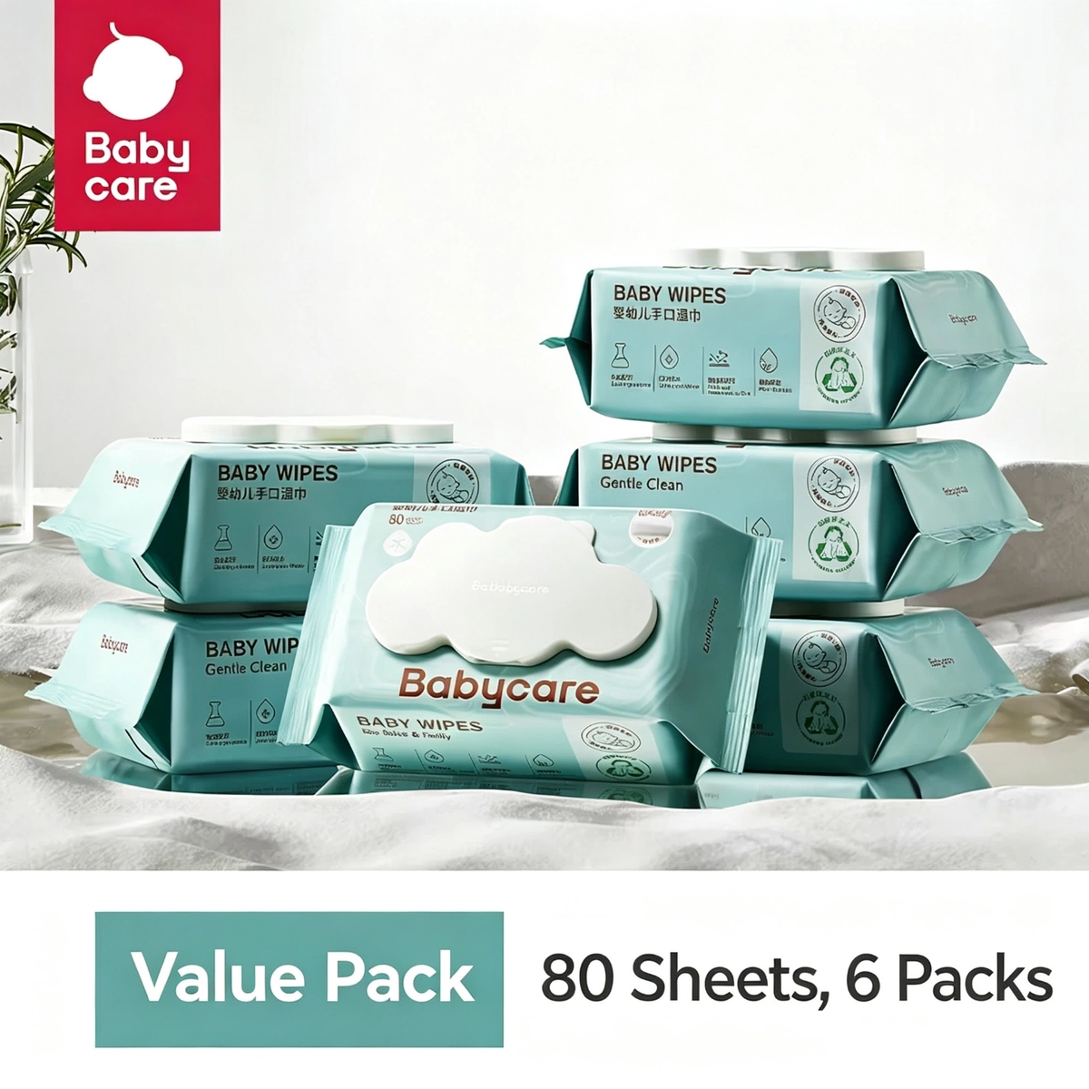 Babycare Thick Baby Wipes for Hands & Mouth, Gentle Wet Wipes for Newborns & Kids, 80 Sheets per Pack