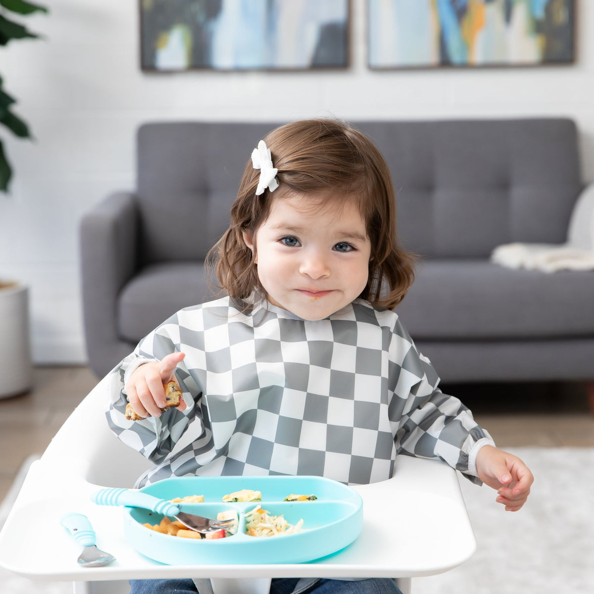 Sleeved Bib: Charcoal Check