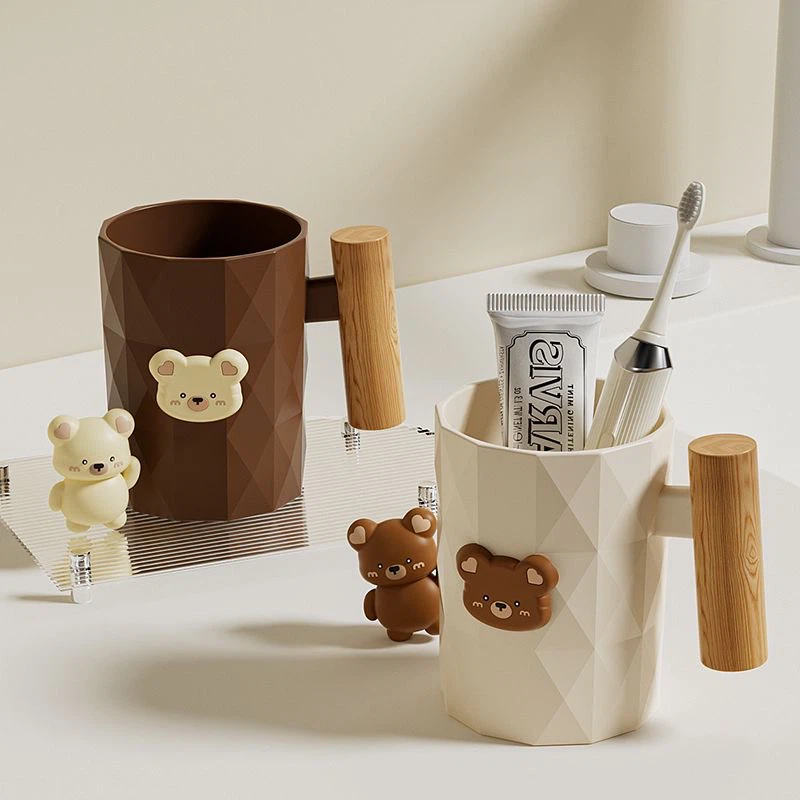 Cute Bear Wood‑Grain Handle Bathroom Rinse Cup