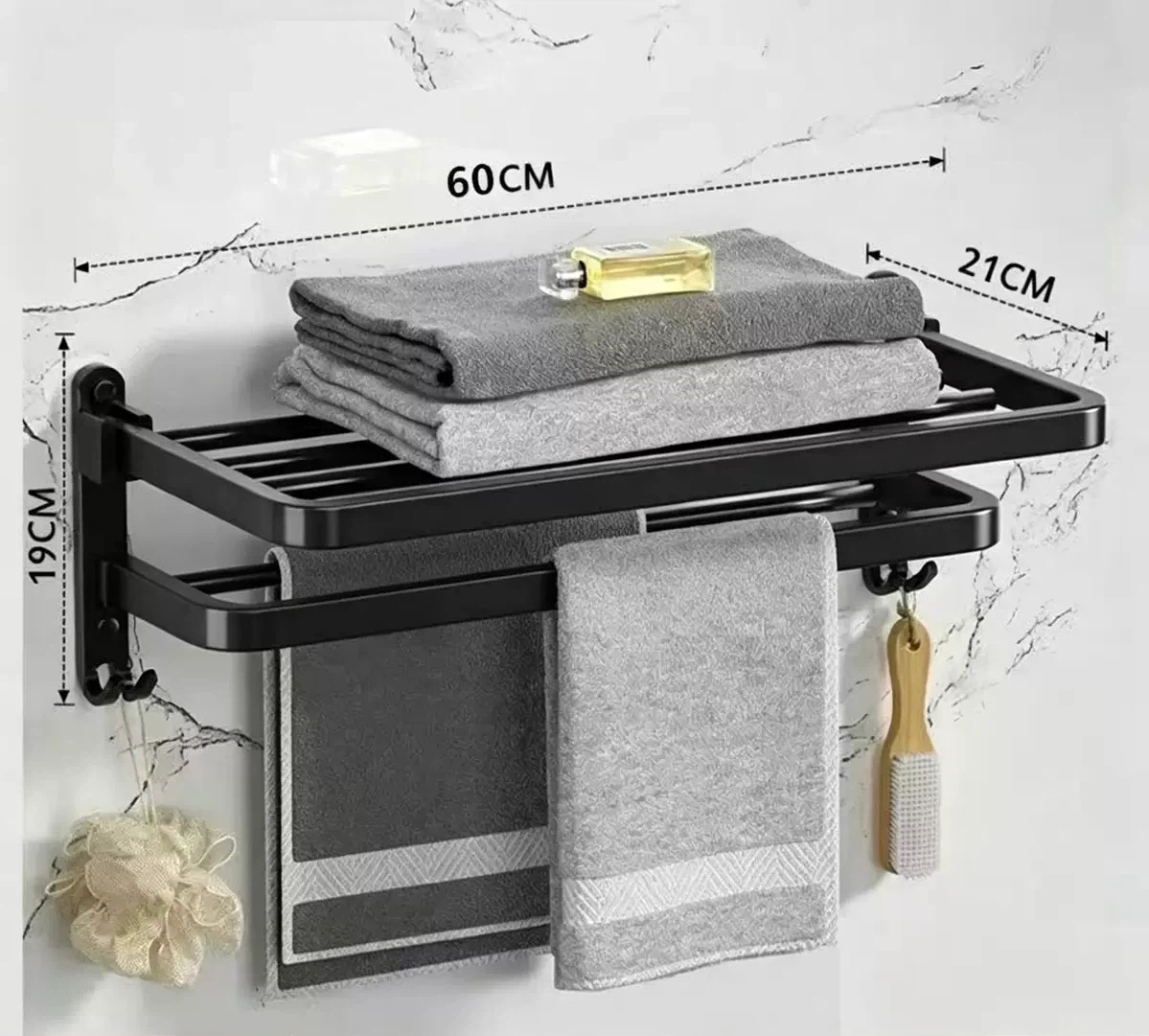 Matte Black Foldable Bathroom Towel Rack, 60cm Wall Mount Towel Shelf with Hooks