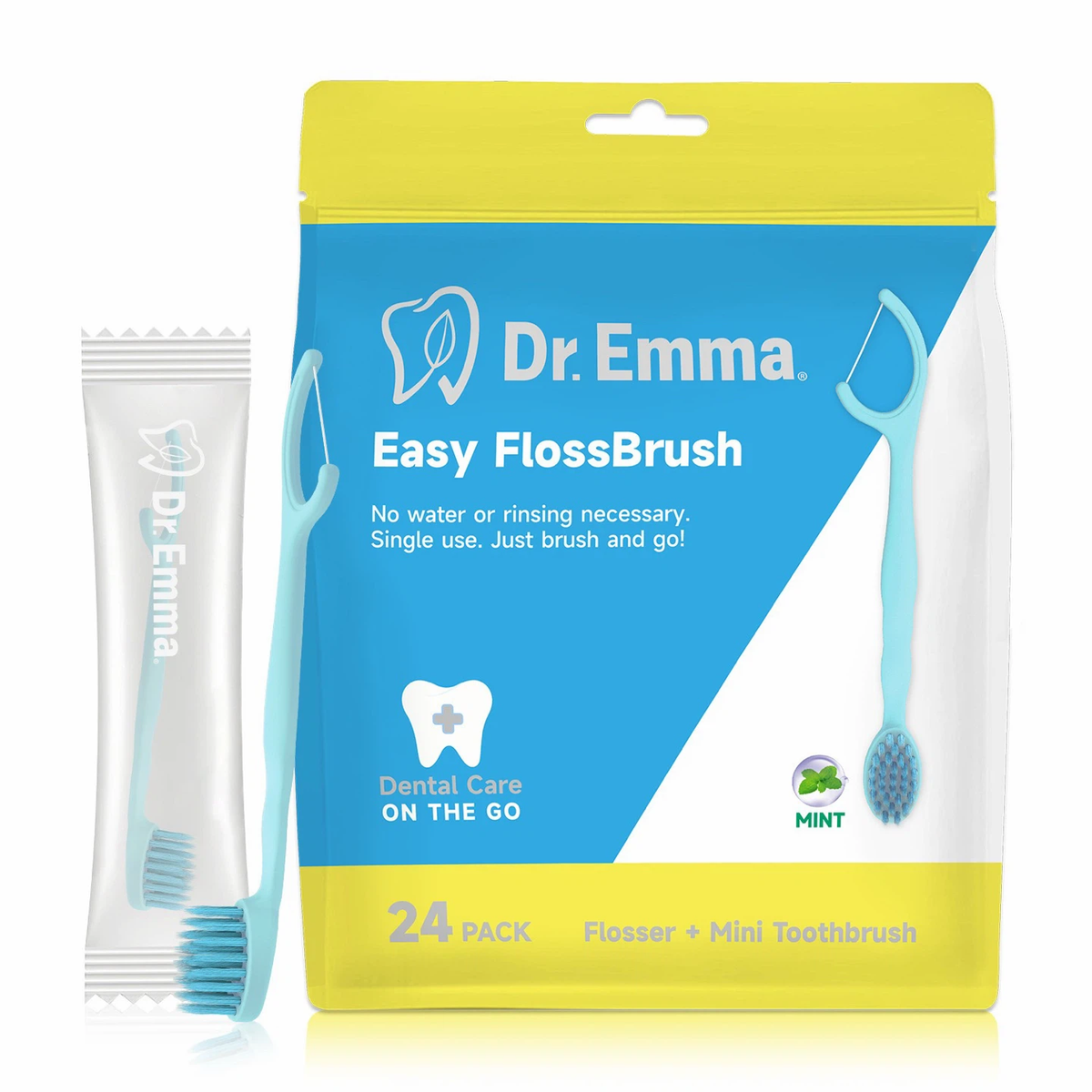 Dr.Emma 2‑in‑1 Portable Disposable FlossBrush, 24 Pack No‑Rinse Travel Oral Care